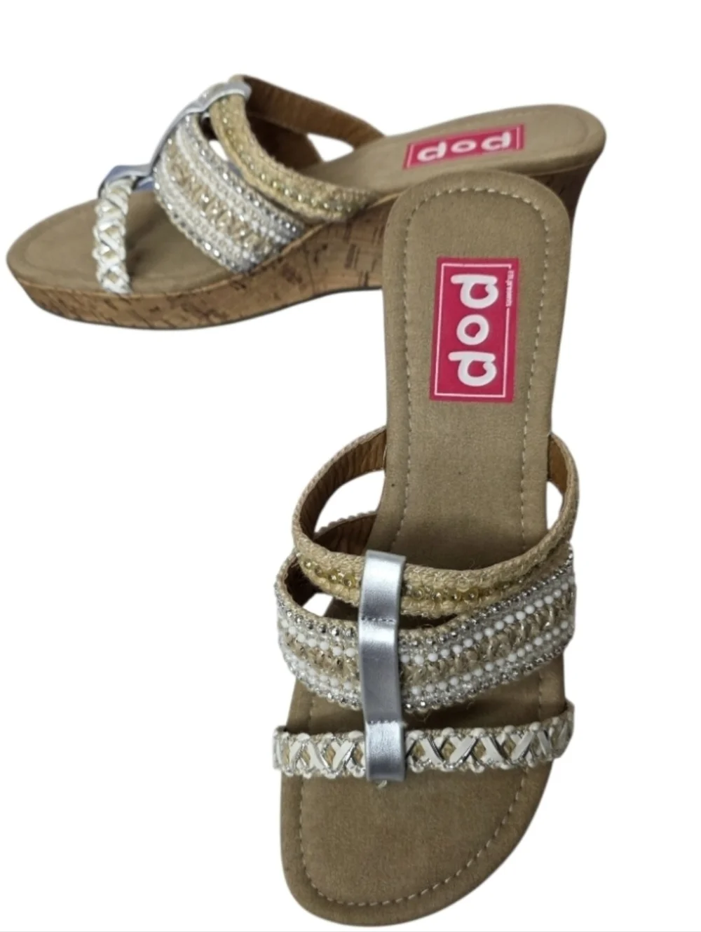 POP Kern Trail Silver & Natural Cork Wedge Thong Slip On Sandals New In Box 9m